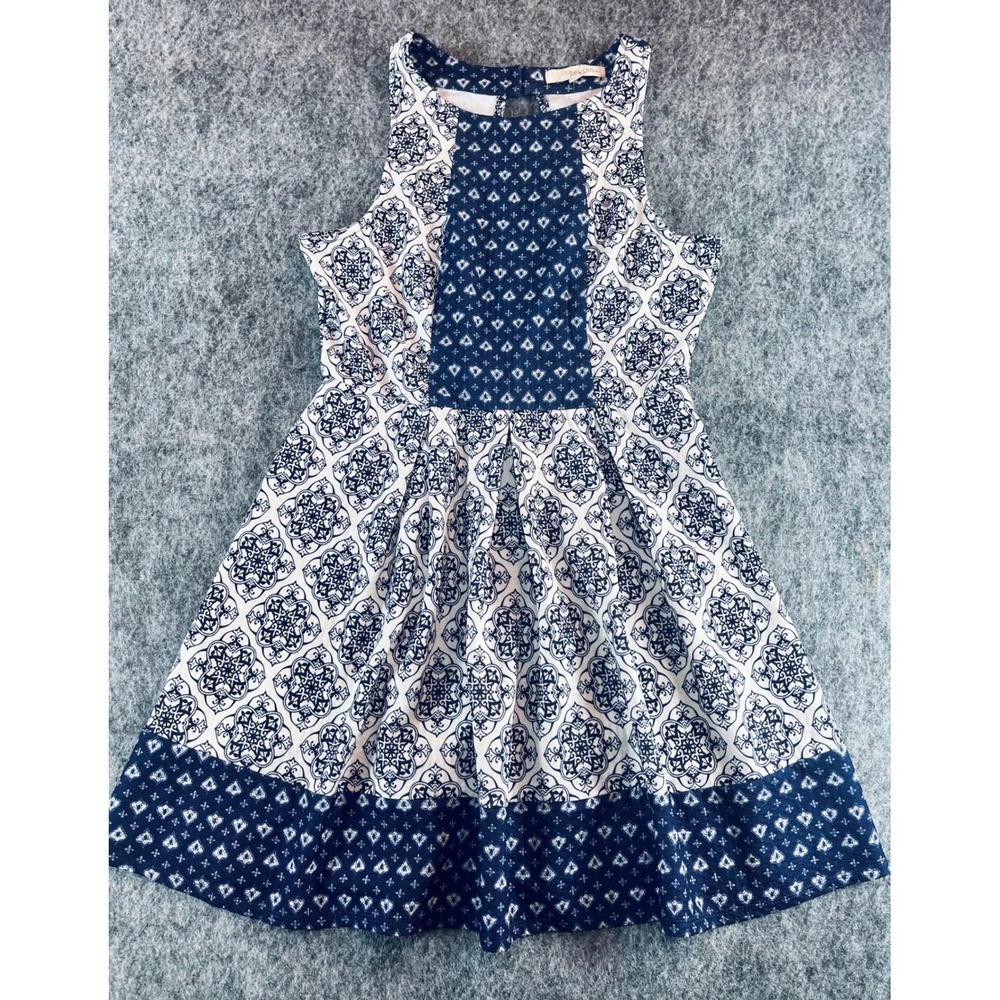 Rewind Fit Flare Dress Womens L Navy Blue Keyhole Back Boho Preppy Mediterranean